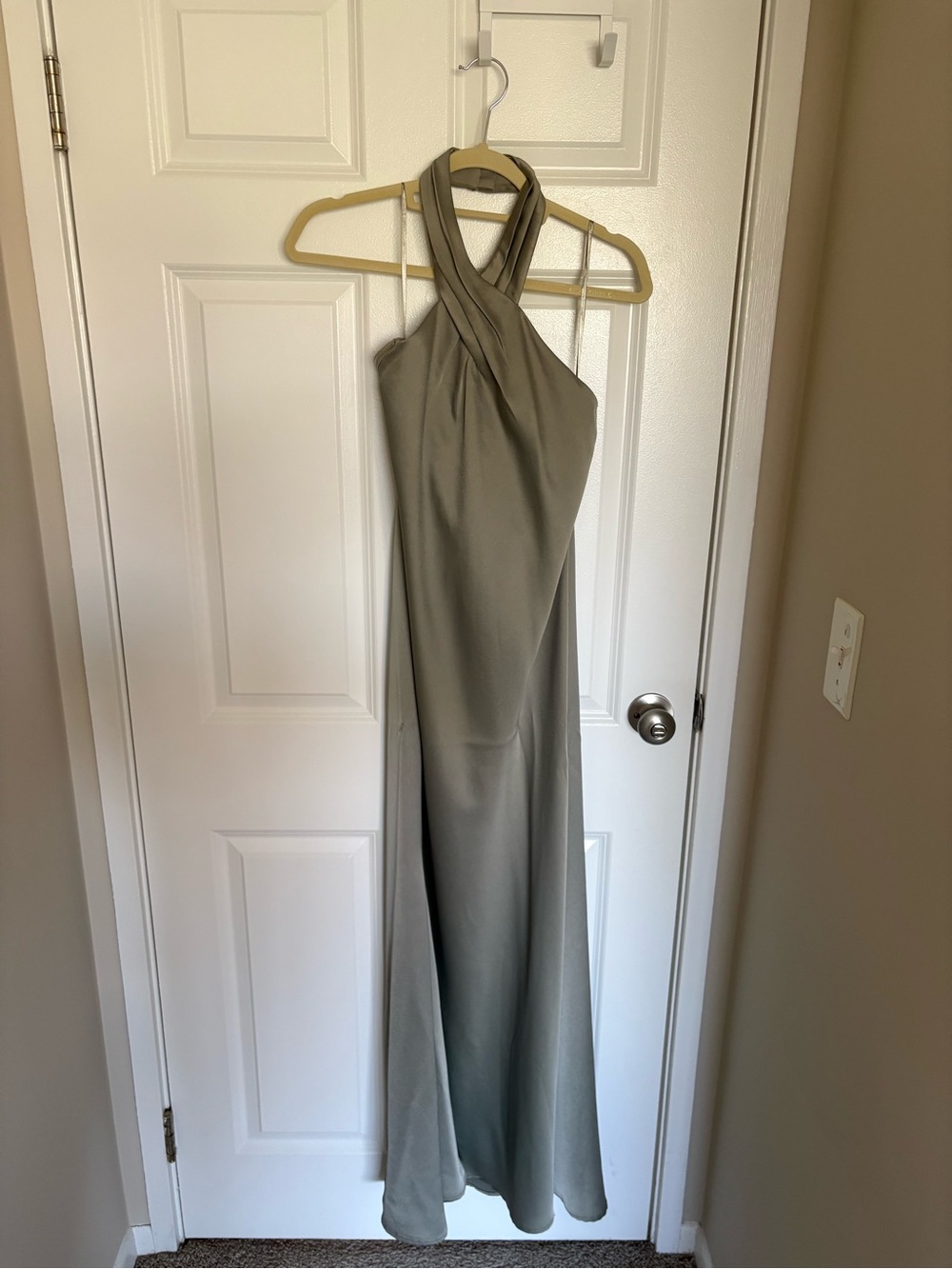 BHLDN Sage Green Halter Satin Maxi Dress